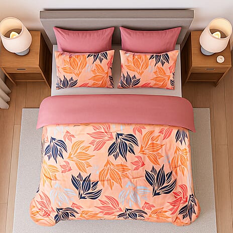 3 Piece Set - Floral Pattern Comforter with 2 Pillow Cases (King Size 225x220 cm) - Pink